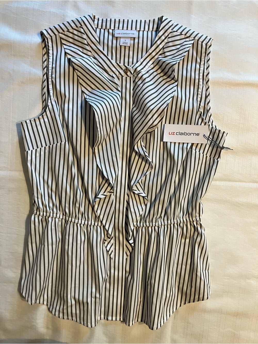 Liz Claiborne Black and White Vertical Stripe Ruffle Sleeveless Blouse